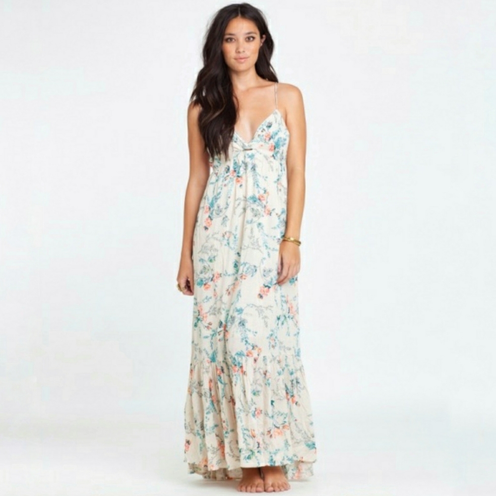 100% Cotton Billabong Dream Escape Cream Floral Maxi Asymmetrical Dress